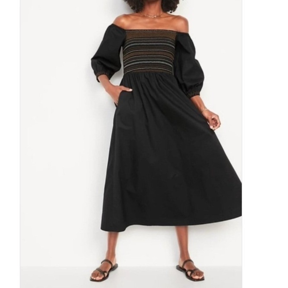 Old Navy Smocked Embroidered Off Shoulder Midi Dress Black Small Boho Peasant